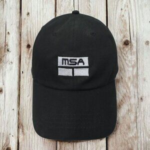 MSA Adjustable Tuck Strap Cap Trucker Baseball Embroidered Logo Black Silver Hat
